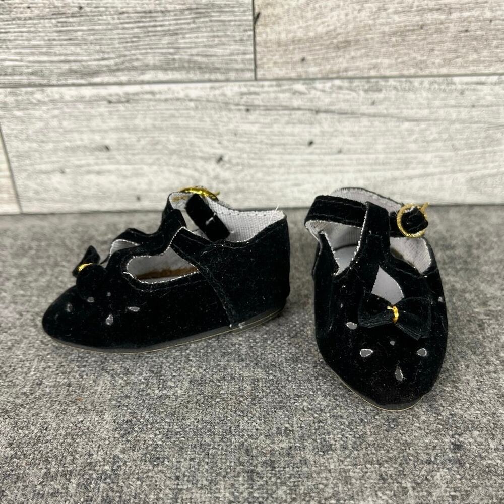 VINTAGE DOLL SHOES Black Velvet Mary Jane Gold Buckle Strap 2.75 Inch